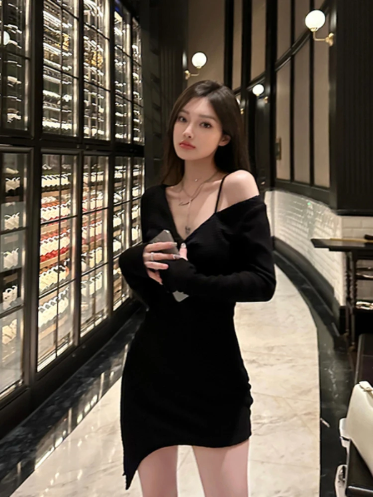 Women Irregular Dresses Elegant Long Sleeve V-neck Package Hip Chill Trendy Summer Strap Asymmetrical American Unique Designed