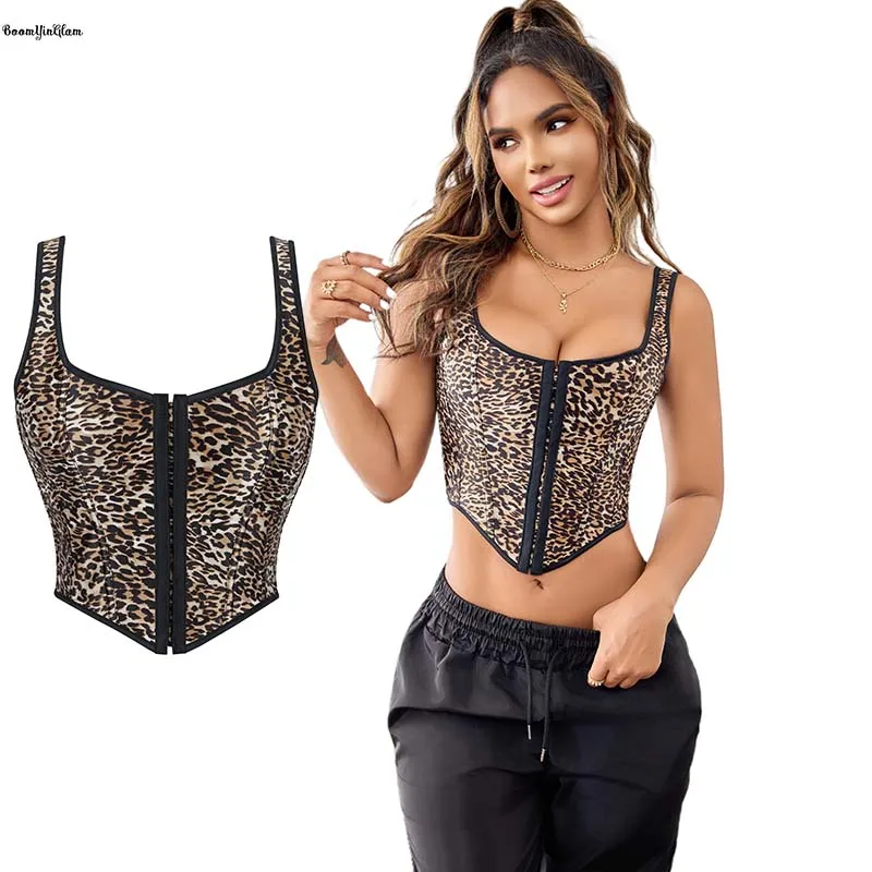 10 espinhas de peixe apoiadas alça de ombro feminina colete regata plus size xs-xl espartilho com estampa de leopardo com gancho e olho ajustável