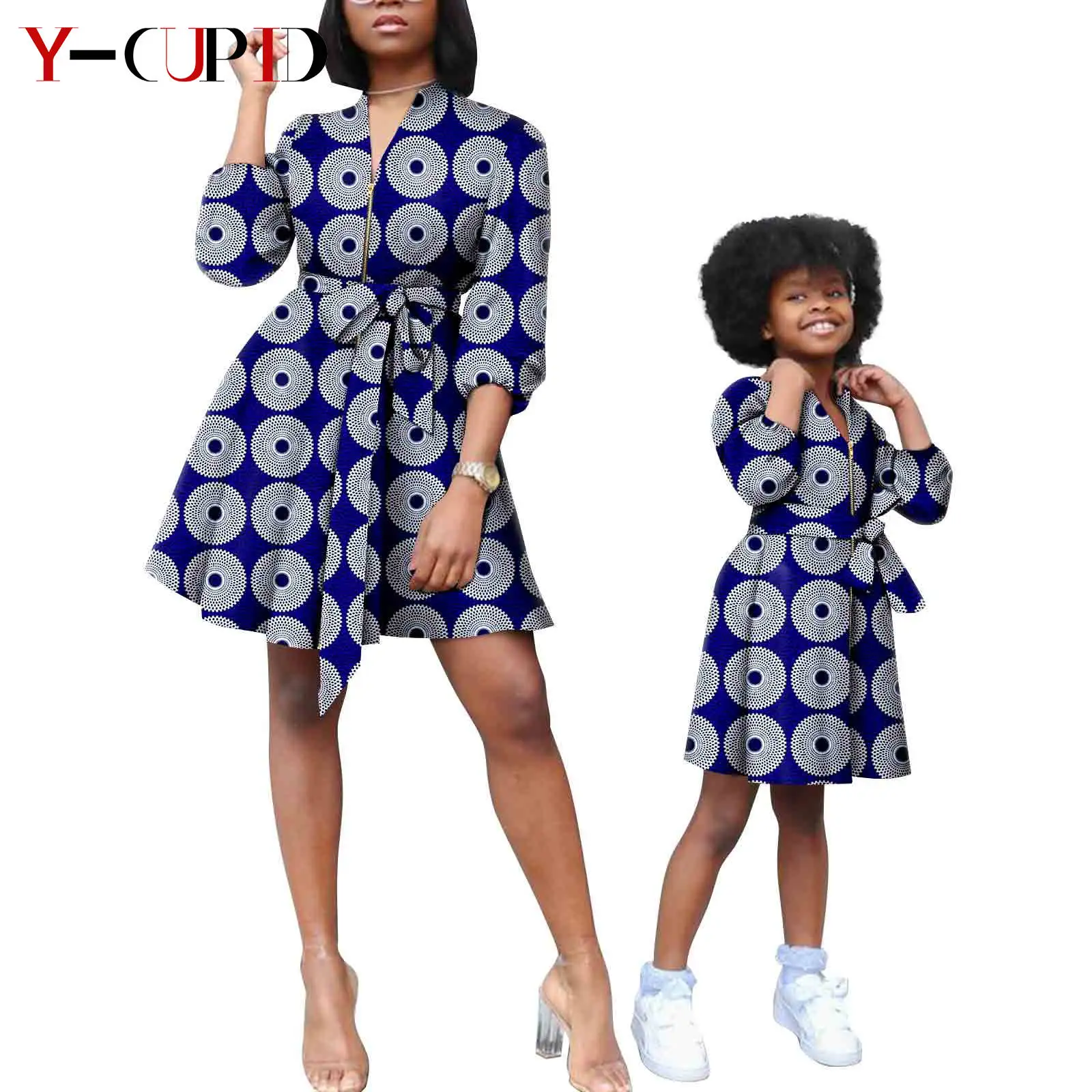 

African Print Mini Dresses for Women Dashiki Family Clothes Bazin Riche Mother Outfits Matching Daughter Coat Vestidos Y23F003