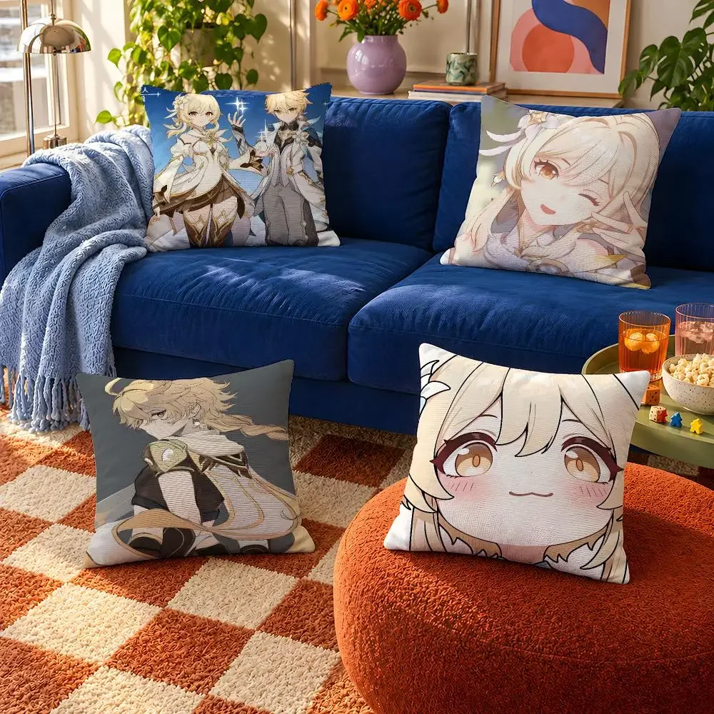 Game Genshin Impact Aether Lumine Twins Cushion Cover Throw Pillow Soft Short Plush Cozy Durable For Sofa Bedroom Home Decor