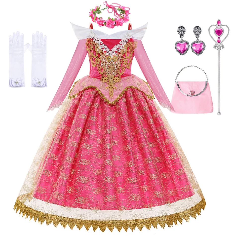 Girl Fancy Dress Sleeping Beauty Kids Halloween Princess Costume Party Aurora Dress Up Layered Christmas Pageant Ball Gown