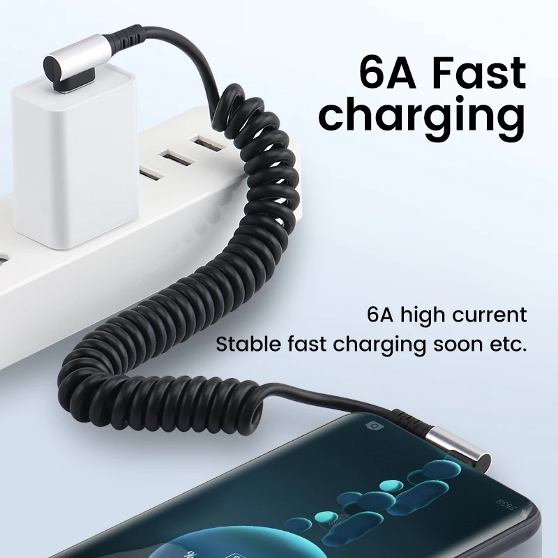 OLAF 6A USB Type C Data Cable 90° Elbow Car USB Spring PD Fast Charging Cable for iPhone 15 Sumsung Xiaomi POCO Huawei Honor LG