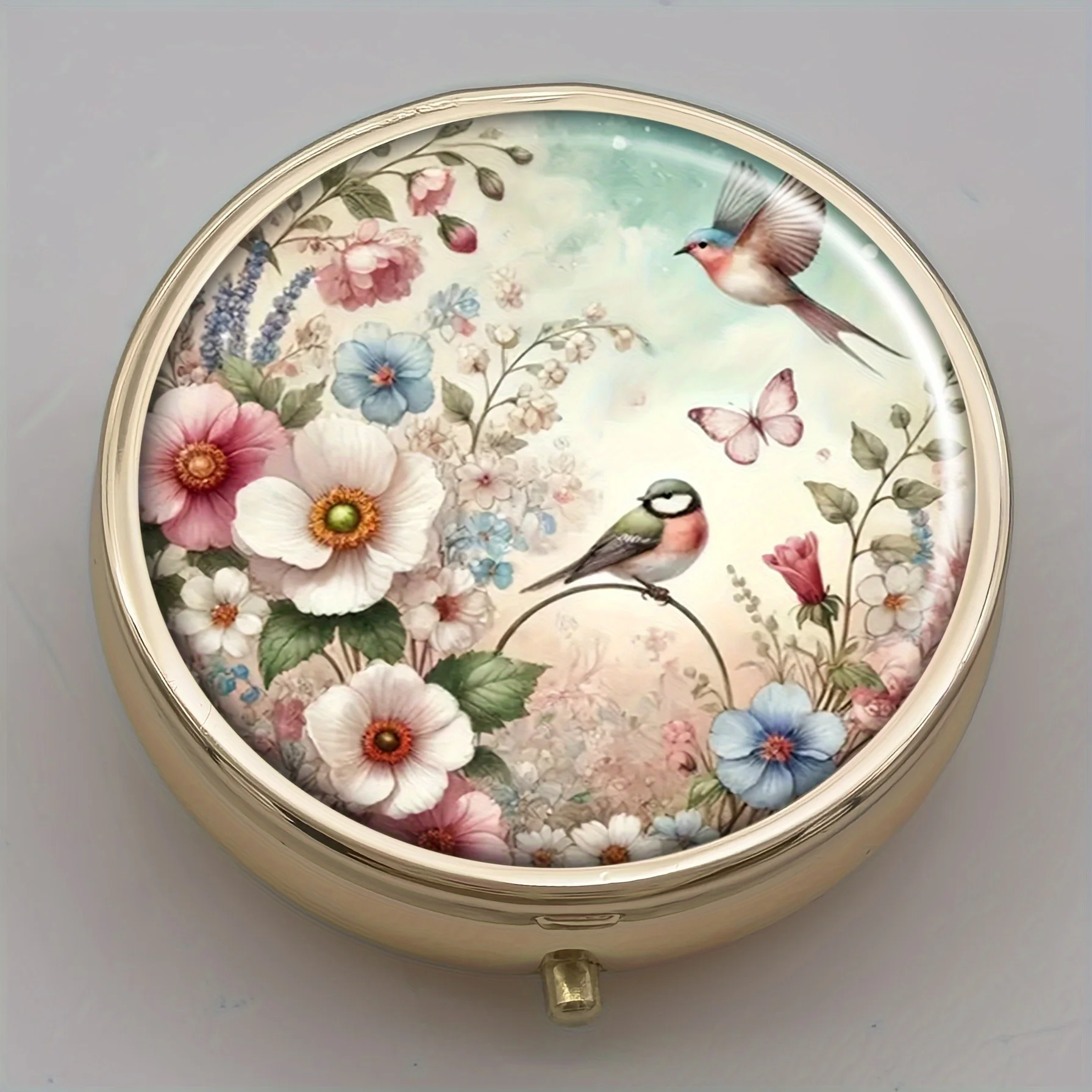Flower and Bird Poetry Pill Box - Golden Three-Compartment Circular Design, Natural Poetic Patterns, Elegant Travel Companion and a Great Gift