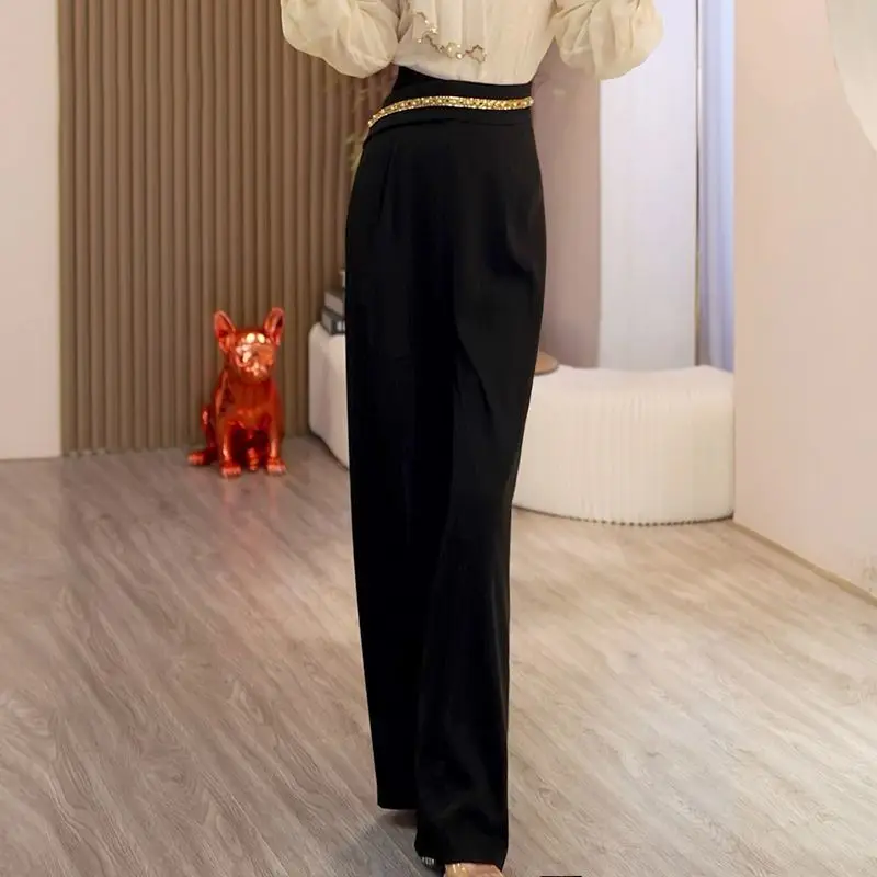 French Style Black Pants Women Autumn Pants with Diamond Studded High Waisted Wide Leg Pants Loose Straight Leg Casual Pants