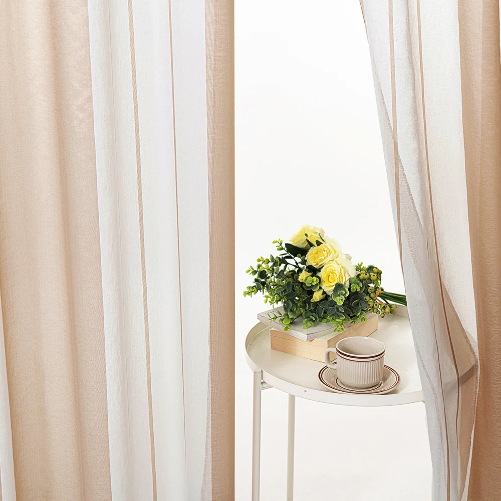 Broad Striped Sheer Curtains for Bedroom Living Room Beige Tulle Curtains for the Room Kitchen Window Treatments Drapes