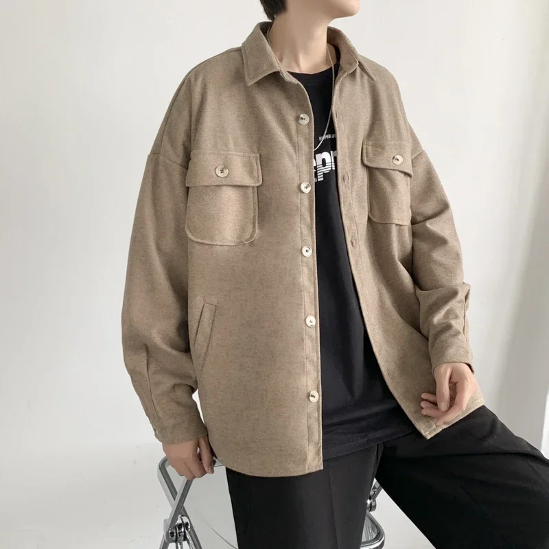 Hanbok Retro Thick Woolen Shirt, Men's Autumn and Winter Long-sleeved Brown Lapel Top, Casual Loose Harajuku Couple Suit