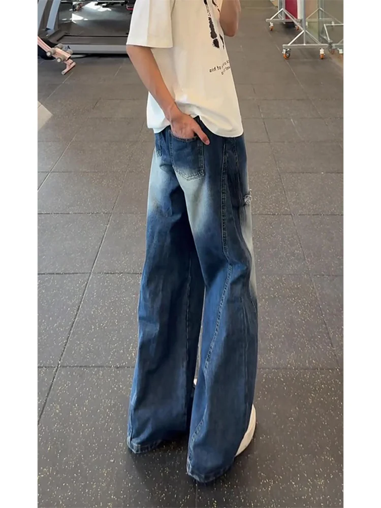 الأمريكية الرجعية الأزرق عمال الجينز الرجال الربيع الصيف فضفاض BF كسول Sle واسعة الساق سكين السراويل مستقيم الساق فضفاضة تناسب