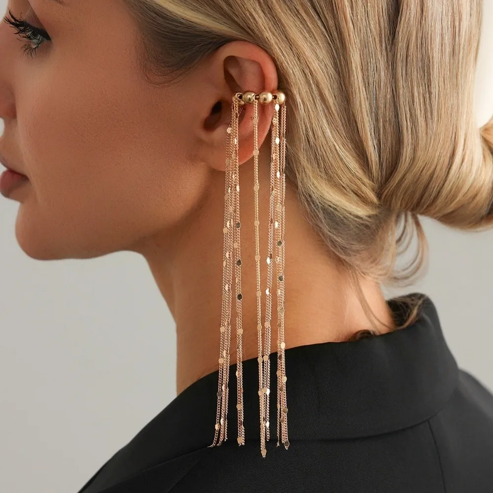 Simple Alloy Tassel Ear Clip Long Chain Exquisite C-shaped Ear Clip Minimalist Beads No Piercing Earrings Daily Wear