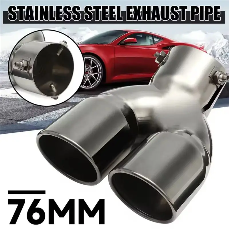 Universal 76Mm Stainless Steel Y-Type Double Outlet Car Exhaust Muffler Tip Chrome Round Exhaust Pipe Car Tail Rear