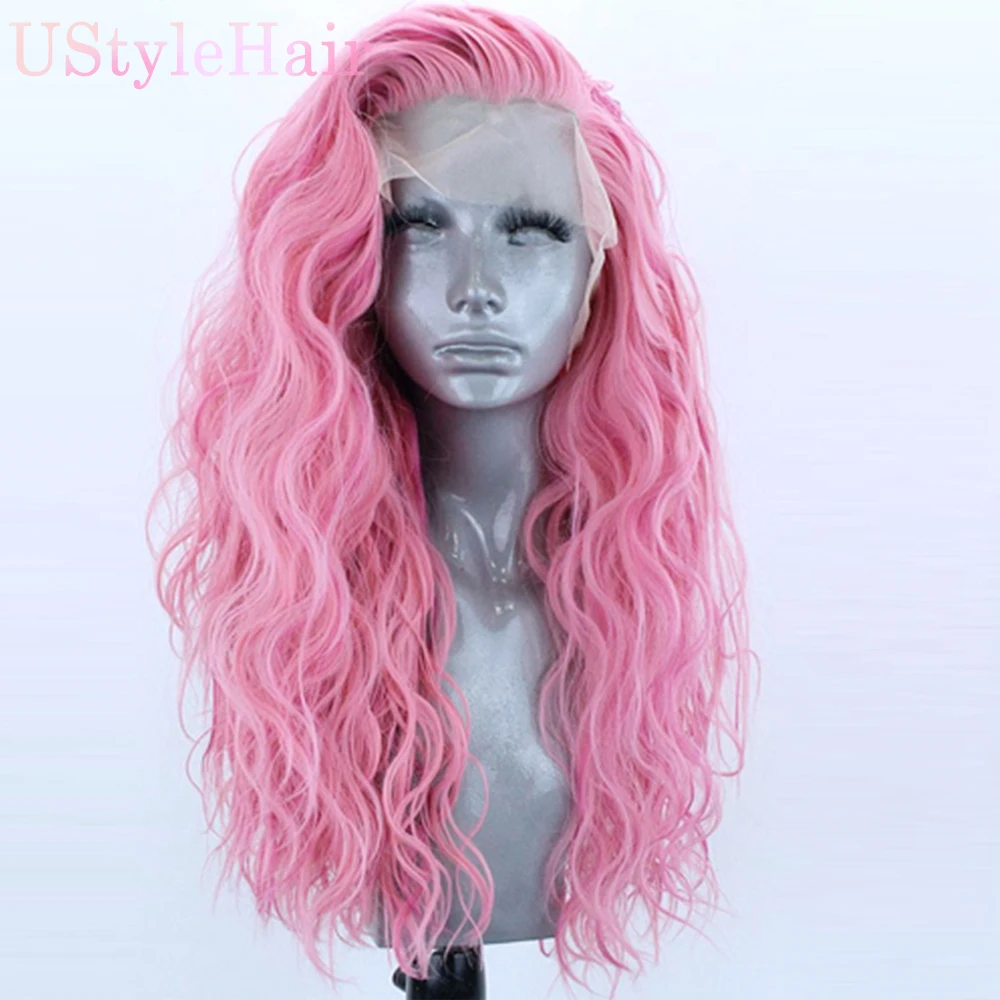 UStyleHair Pink Wig Long Loose Curly Wigs for Women Synthetic Lace Front Wig Natural Hairline Daily Use Cosplay Pink Lace Wig