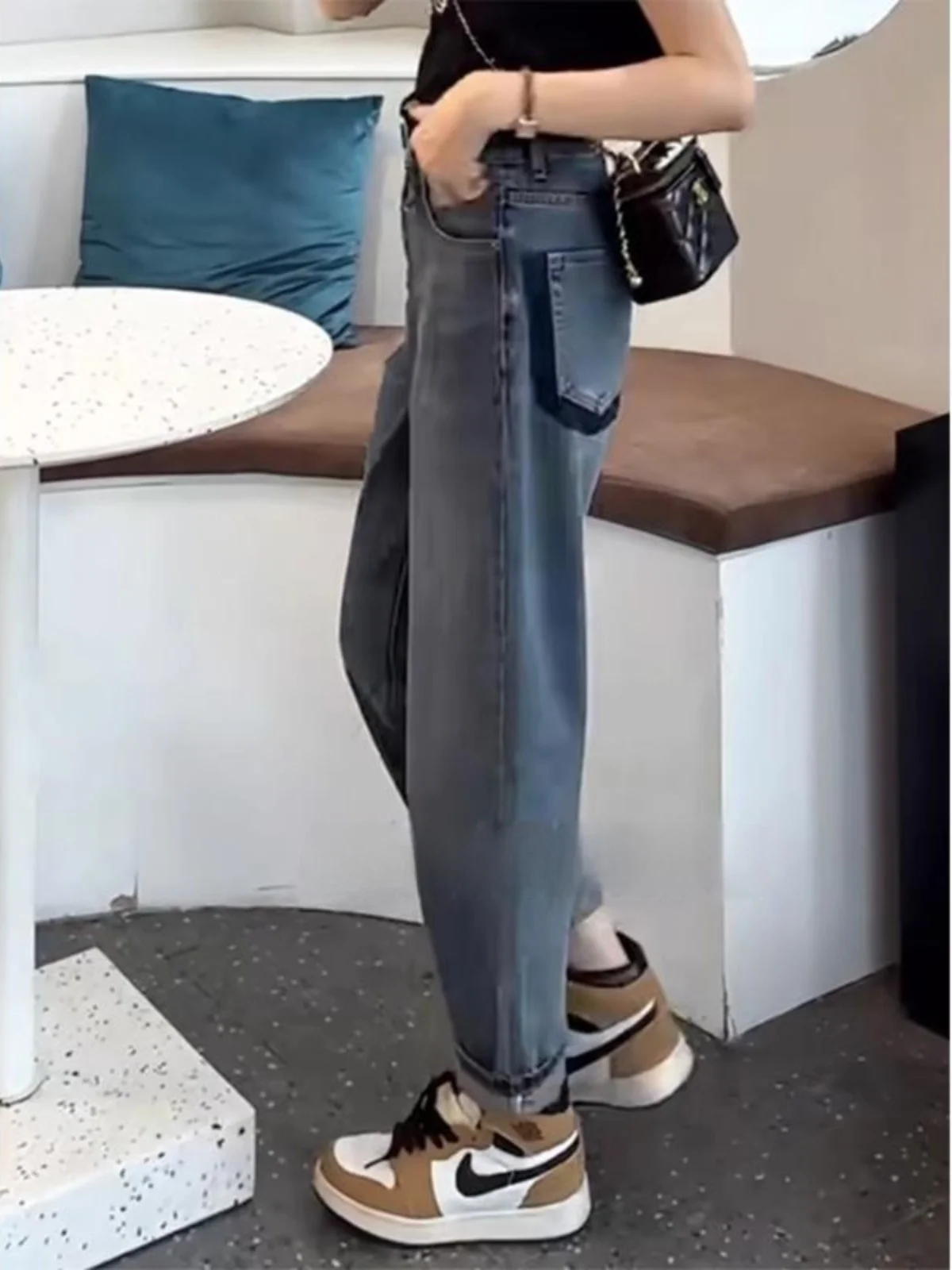 Thiened Fce اصطف هارلان الدينيم الجينز المرأة عالية الخصر فضفاضة تناسب التخسيس أبي الجزرة السراويل موسم الشتاء السراويل الطويلة