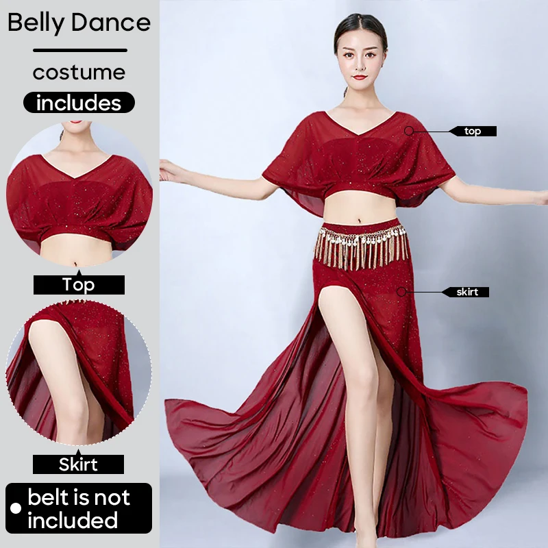 Belly Dance Costume Top and Skirt Wear Outfit 2 Pieces Set For Adult Women Stage Performance Personal Practice Clothes Worksuit