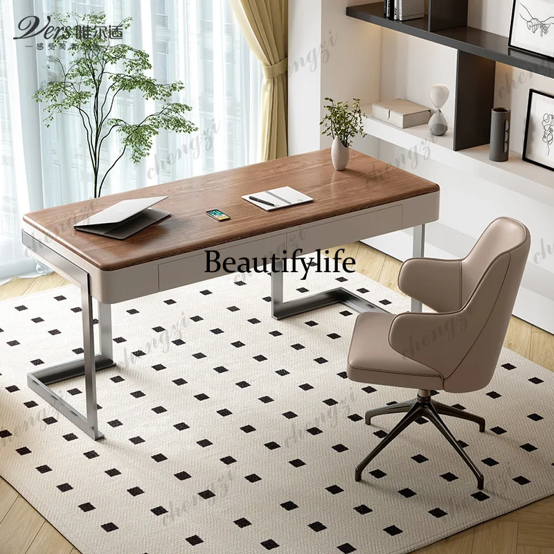 T41 Retro-style Solid Wood Office Desks Designer Creative Study Italian Minimalist Office Desk Walnut-colored Furniture Bureau