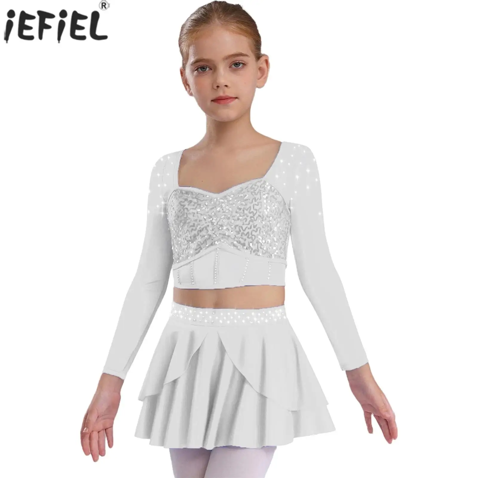 

Kids Girls Ballet Jazz Dance Costume Figure Skating Gymnastics Dancewear Shiny Sequin Sheer Mesh Long Sleeve Crop Top with Skirt