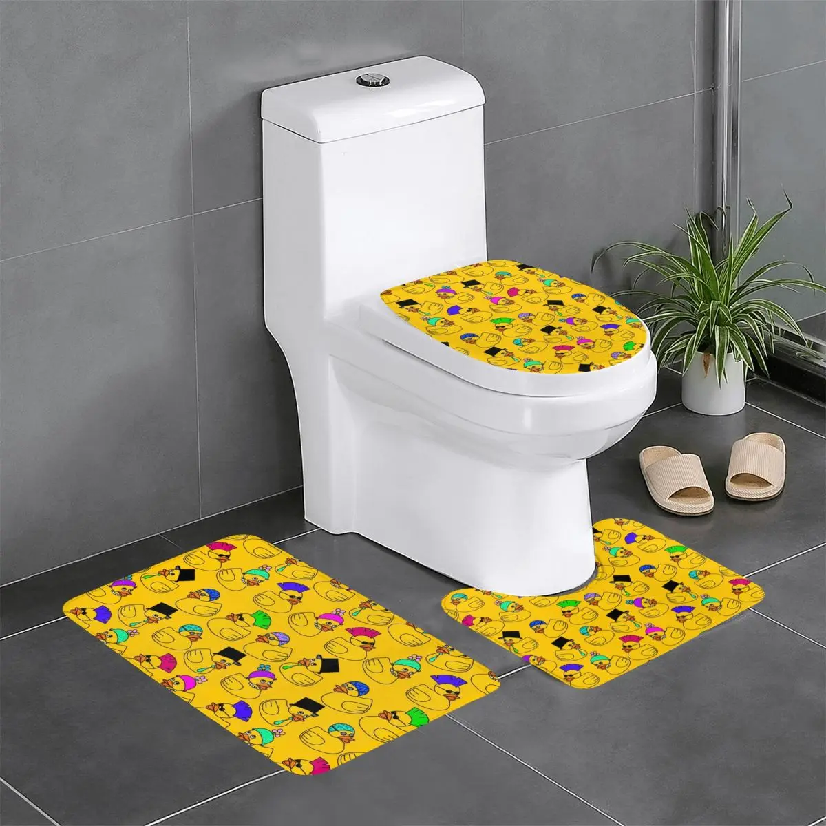 

Custom Rubber Ducky 3 Piece Bathroom Rugs Set Non Slip Cartoon Animal Pets Toilet Bath Mat Sets