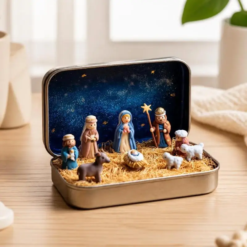 *Mini Christmas Nativity Set In Tin Box Cute 3D Printed Figures Manger Set Iron Box For Christmas Home Decoration Holiday Gifts