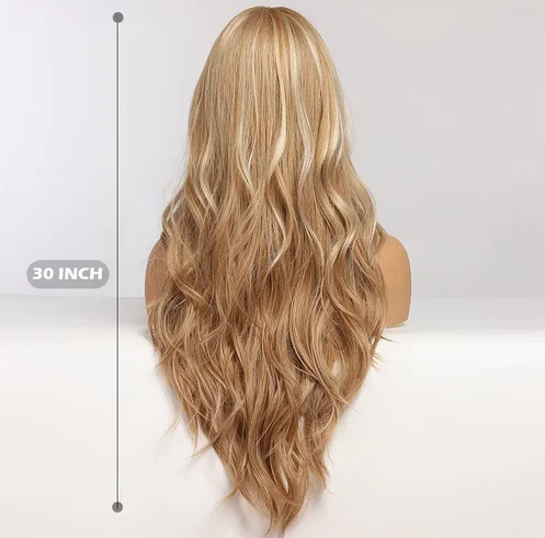 Golden Highlight Blonde Long Wavy Synthetic Wigs Middle Part Natural Hairs for Women Daily Party Heat Resistant Fibers