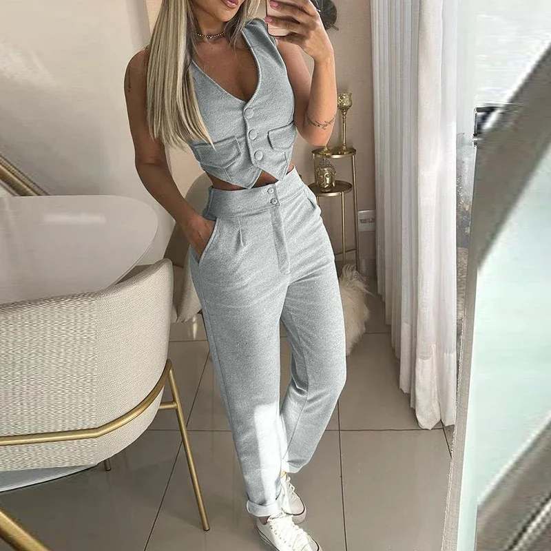 LIBIELIY Fashion Hight Wasit Pockets Commuter Sets Sexy V-neck Button Blouse & Long Suits Women Casual Sleeveless Solid Slim 2P