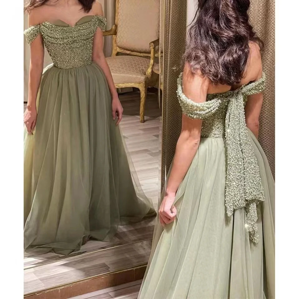 

Glitter Green Off the Shoulder Prom Gown 2024 Elegant Woman Dress for Party Formal Evening Long Cocktail Occasion Suitable