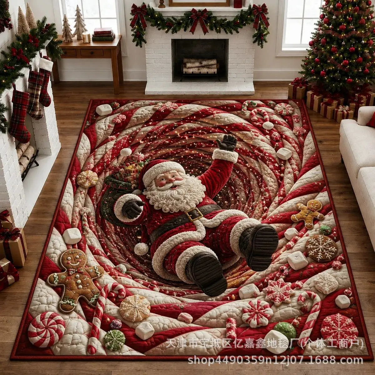 VIKAMA Christmas Area Rug Red 3D Spiral Tunnel Santa Claus Quilted Soft Plush Carpet Holiday Living Room Bedroom Xmas Decor Rug