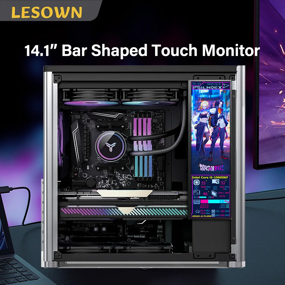 

LESOWN 14.1'' 1920x550 IPS LCD Bar Display Narrow Aspect Ratio Monitor – External Display for Digital Signage & Retail Displays
