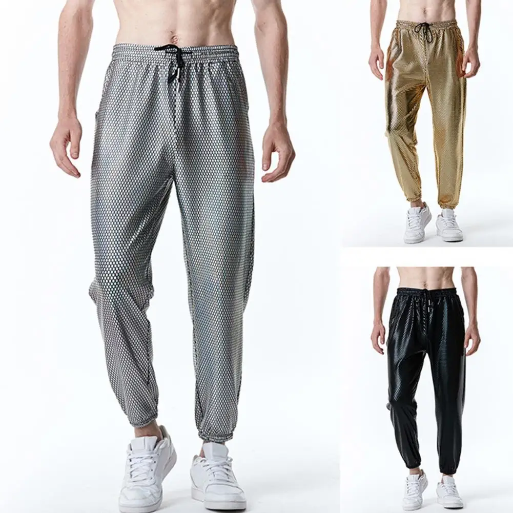 Men Trousers Retro 70s Disco Men's Pants Elastic Waist Rhombus Bronzing Metallic Ankle Length Club Party Trousers Stage Show