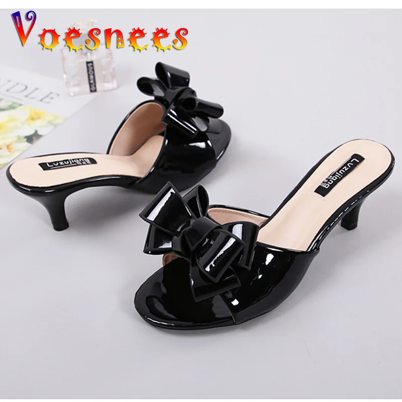 Slippers Female Summer 2022 New Outside Wear Korean version of high heel Medium Heel Thin Heel Bow Fishmouth one word sandals