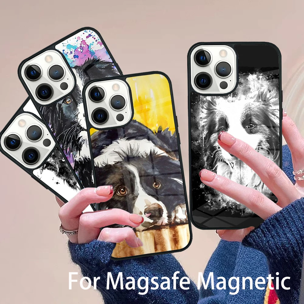 

Border Collie Watercolor Phone Case Magesafe Magnetic Wireless Charge Cover For IPhone 16 11 12 13 14 15 Pro Max Plus Mini