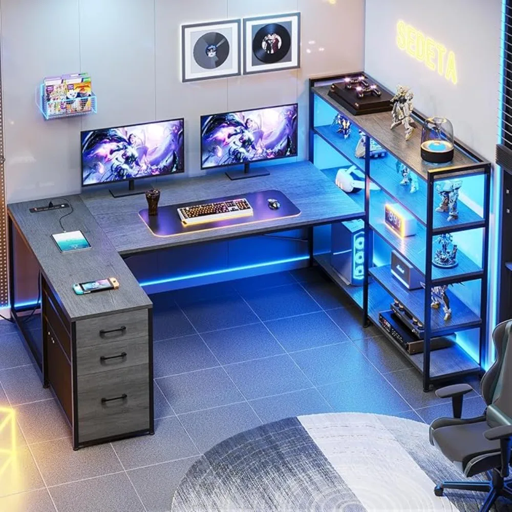 Computer Desk, Reversible U Shaped Office Desk with 3 Fabric Drawers and Power Outlet, Corner Gaming Desk with LED Lights