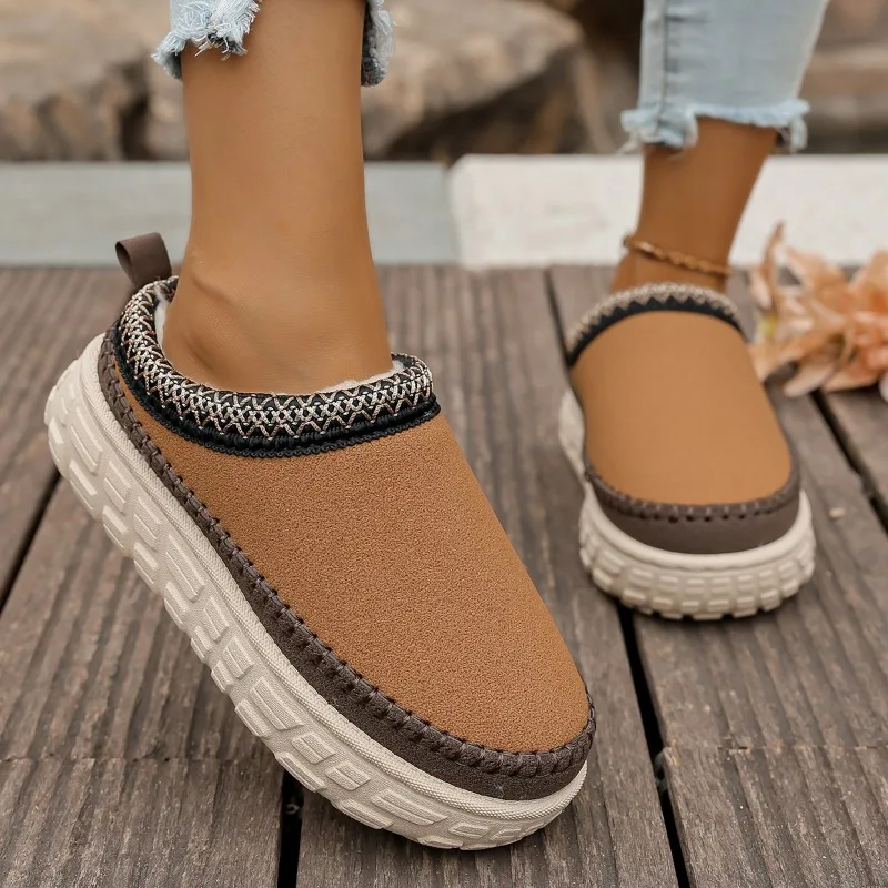 Platform Tire Lazy Slippers Anti-slip Winter Deep Mouth Warmth One Slip Baotou Colorblock Fleece Snow Boots
