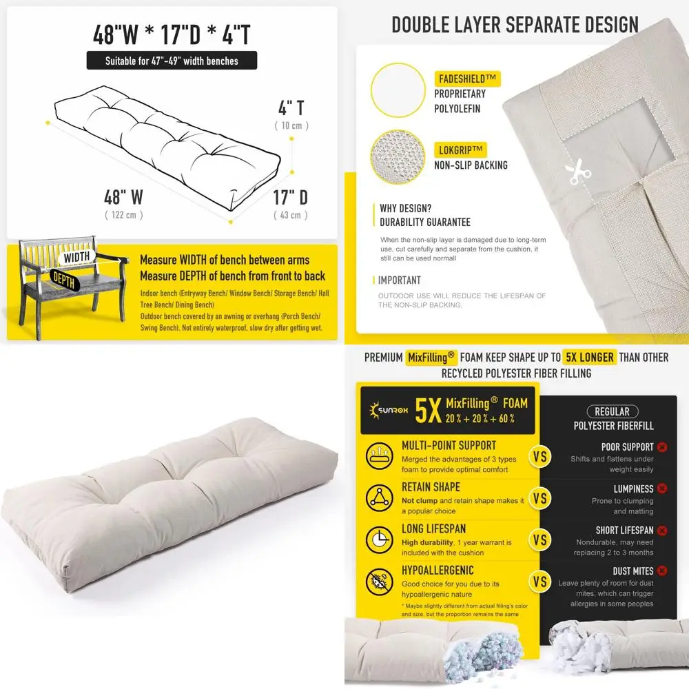 

Нескользящая подушка для скамьи из пены с эффектом памяти, с технологией FadeShield и водоотталкивающим покрытием, 48x16x4 дюйма, кремовый цвет