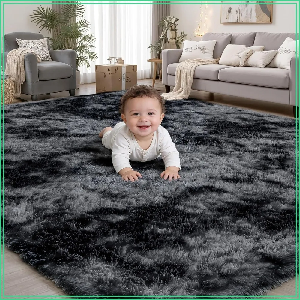 

9x12 Black Grey Shag Rug for Living Room Bedroom Soft Fluffy High Pile Non-Slip Carpet Indoor Floor Decor Modern Home