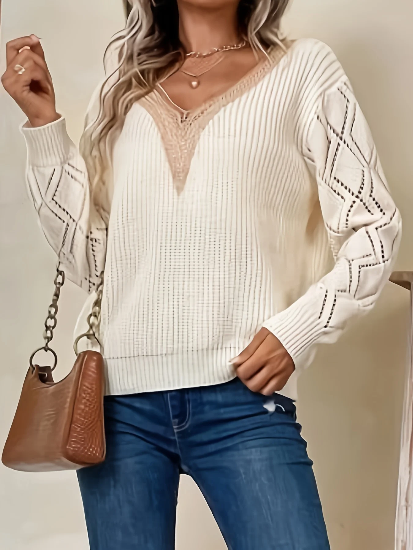 Solid V Neck Knitted Sweater, Hollow Out Long Sleeve Casual Sweater For Fall  Winter Women\'s Clothing