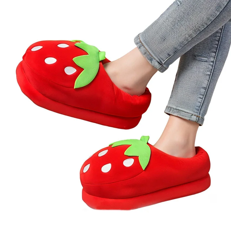 Women Winter Cute Fruit Strawberry Pineapple Plush Slippers with Thick and Warm Thick Bottom Cotton Slippers Flat Home Slippers