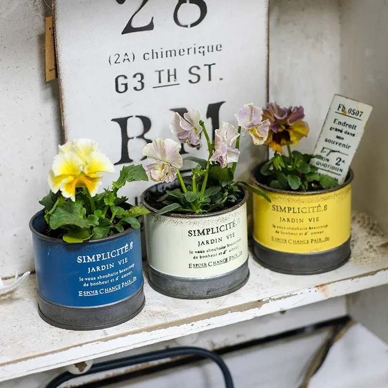 Small Size Round Bucket Flower Pot Metal Iron Art Yellow Blue Retro Style Plant Vase Home Furnishing Garden Courtyard Decorate