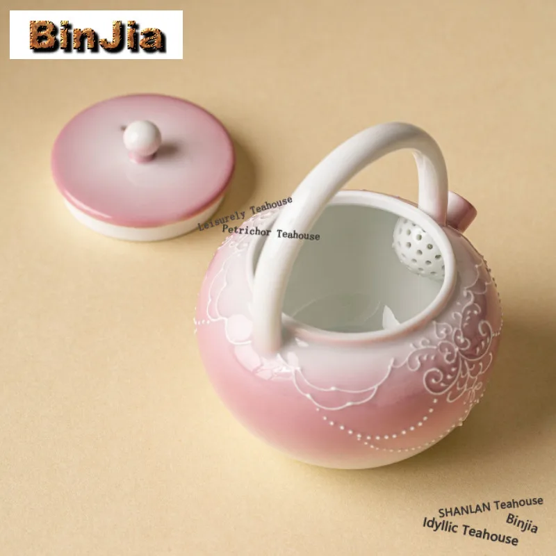 140ml Gradient Pink Loop-handled Pot Hand-painted Beaded Curtain Tea Infuser Pot Tea Maker Kettle With Strainer Tea Items Gifts