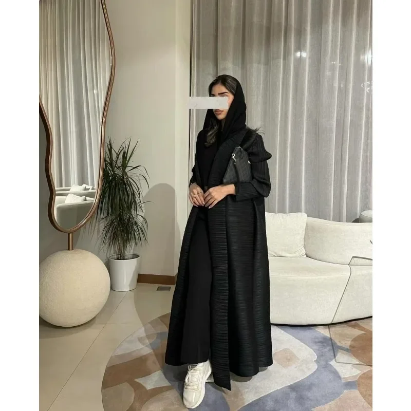 Muslim Abaya Black Simple Commuter Fashion Pleated Loose Long Trench Coat Jacket 2024 Fall New