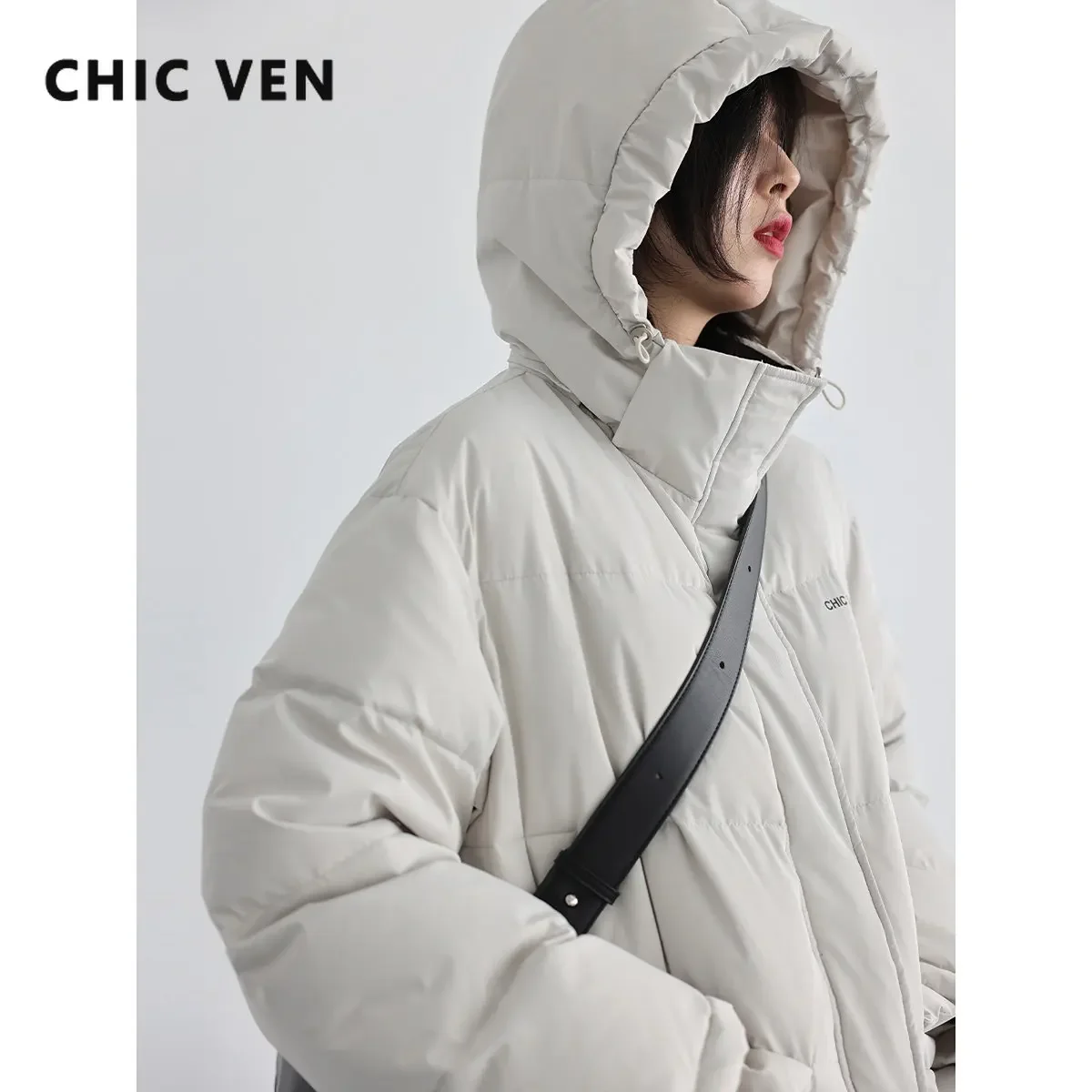 CHIC VEN Women Down Coat Contrast Collar Solid Thick Detachable Hooded 90 White Duck Down Female Down Jacket Winter 2023