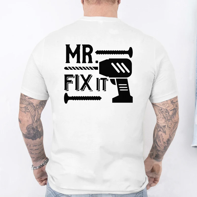 Mr. Fix It T-Shirt for Men, Drill & Screws Graphic Tee, Casual Short Sleeve O Neck Tops, Funny Handyman Gift for Dad & Mechanic