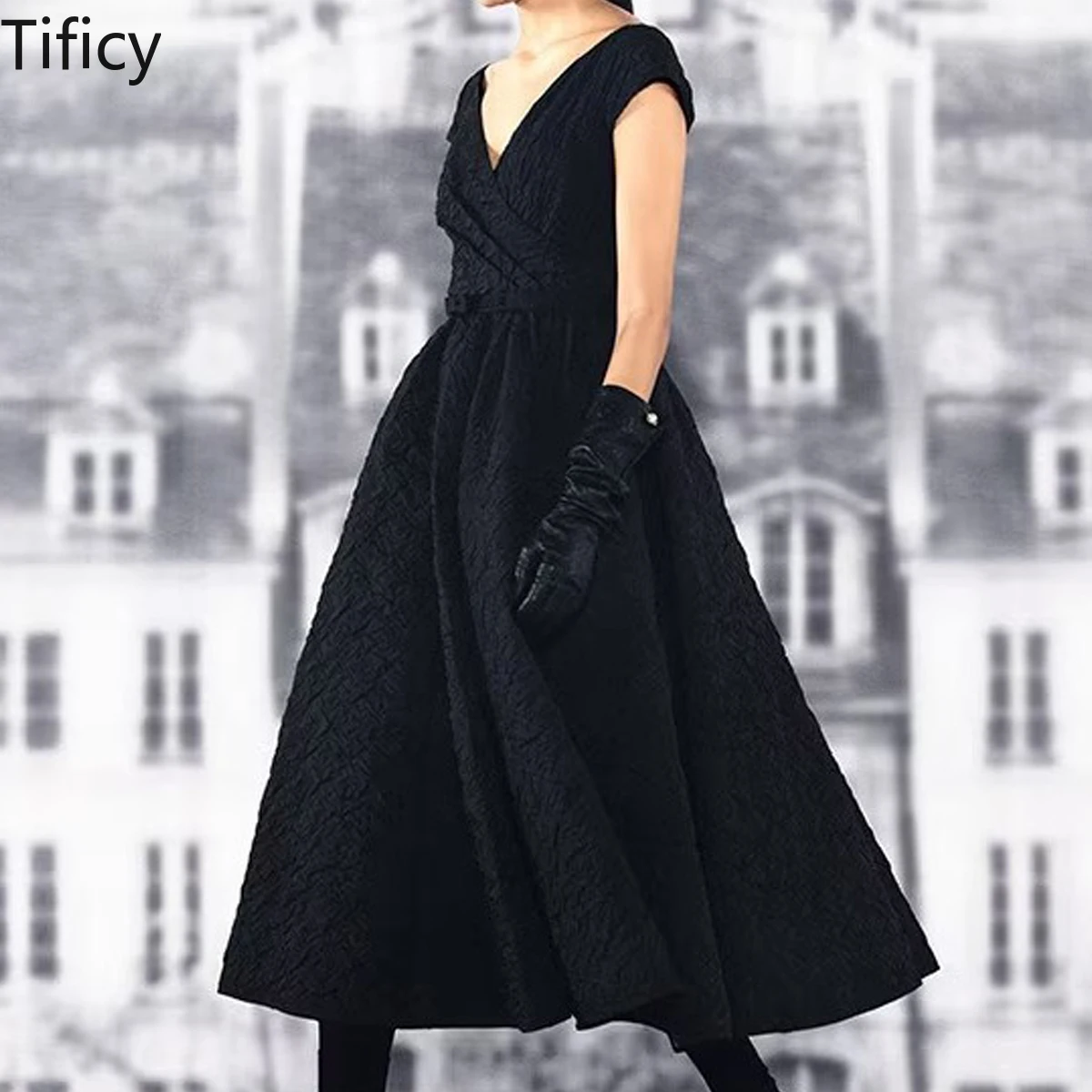 

High Quality Women's Early Spring New Black Technology Bubble Water Jacquard Wrap Style Neckline Large Swing Dress