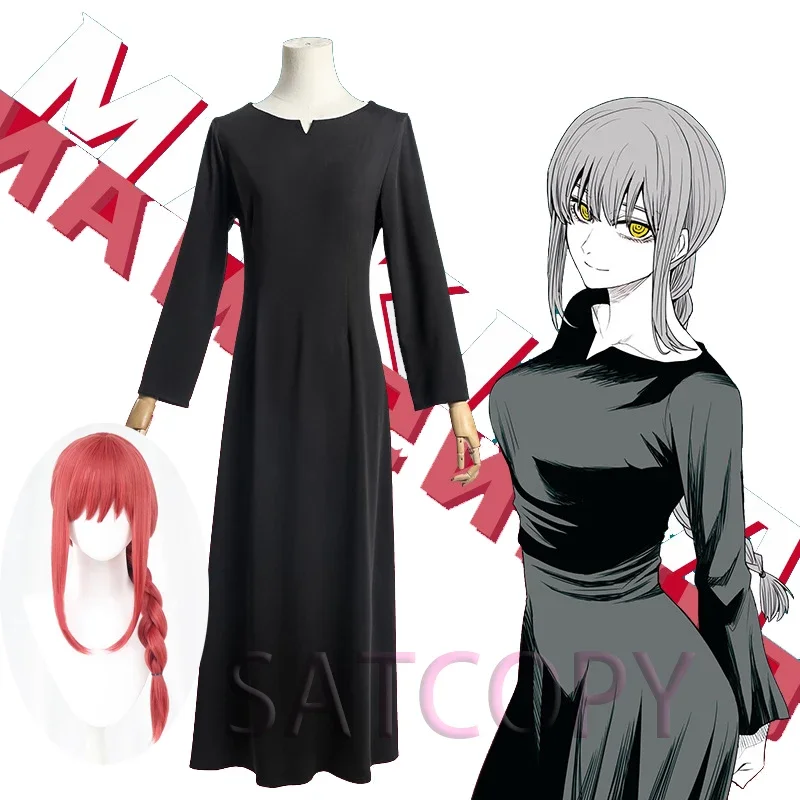 Anime Kettensäge Mann Cosplay Makima Kostüm Männer Frauen Anzug Uniformen schwarzes Kleid rote Perücke Abendkleid Halloween Karneval