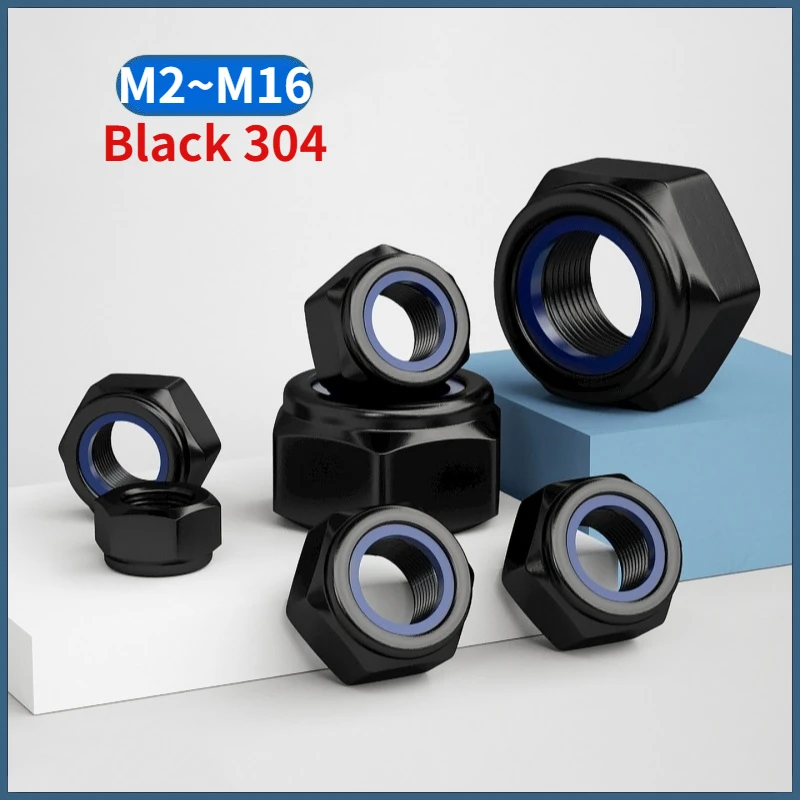 M2 M2.5 M3 M4 M5 M6 M8 M10 M12 M14 M16 Black 304 Stainless Steel Hex Nylon Insert Lock Nut Self-locking Nylock Nut Locknut