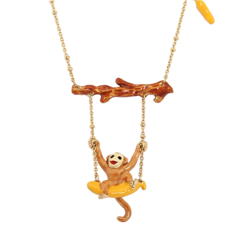 Fashion Cute Animal Brown Tree Branch Monkey Play on a Yellow Banana Pendant Hand-painted Enamel Forest Style Jewelry for Women