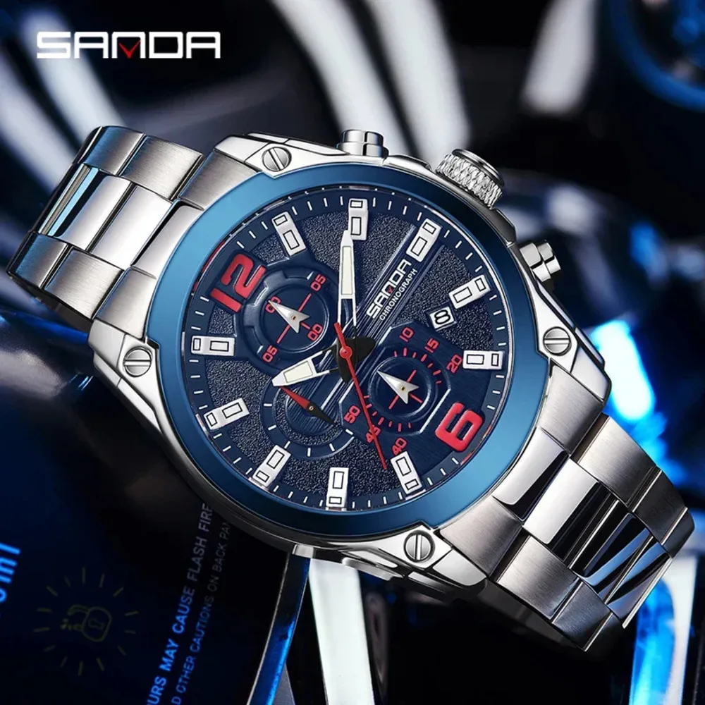 

SANDA Watches For Men Fashion Steel Strap Waterproof Luminous Sport Chronograph Quartz Wristwatch Clock With Date 2024