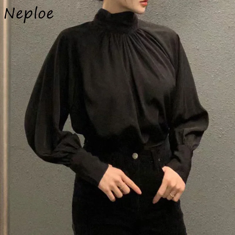 Neploe Stand Neck Solid Color Long Sleeve Blouses Back Bandage Loose Casual Shirts Autumn Vintage Blusas Mujer De Moda 2024