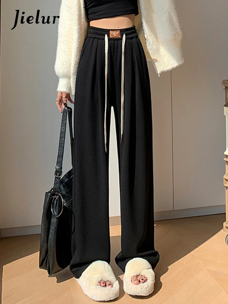 Jielur Grey Elastic Waist Loose Women Pants Solid Color Simple Pure Color Basic Office Lady Winter Casual Female Wide Leg Pants