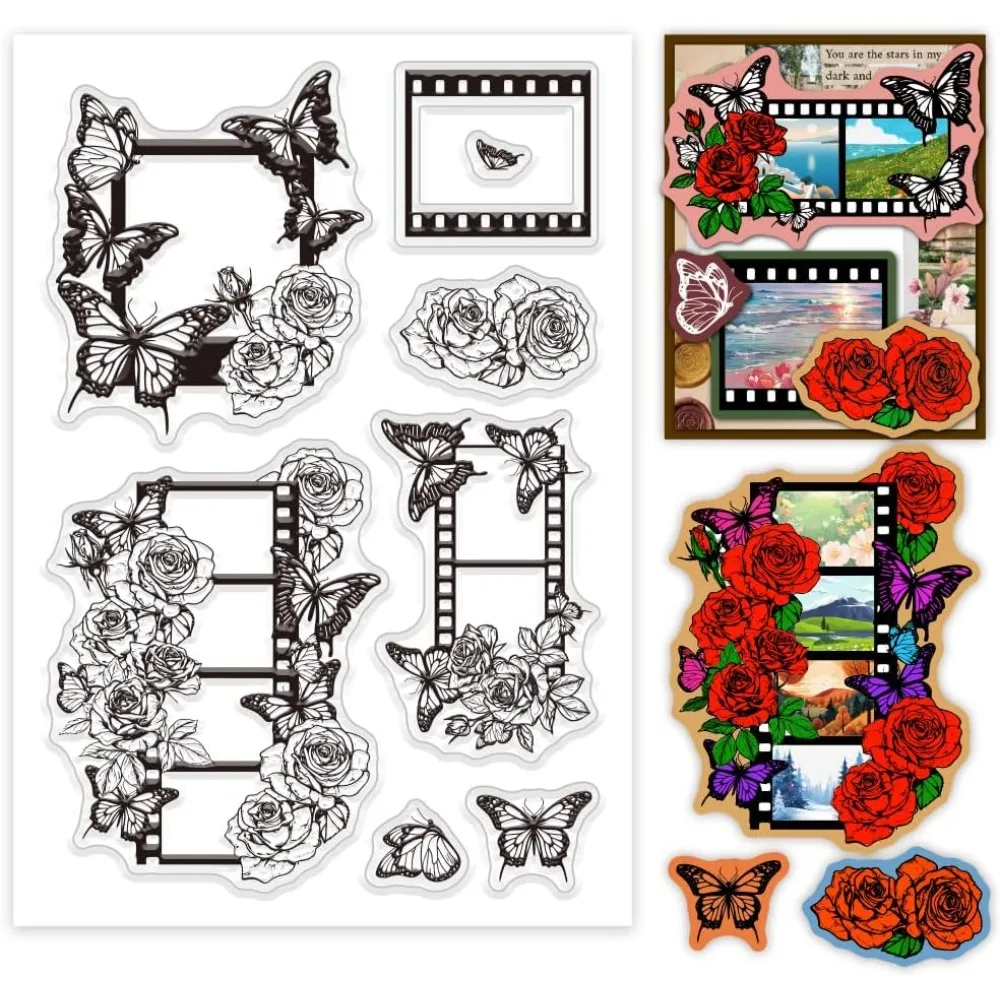 Transparente Stempel mit Filmrandung für die Kartenherstellung, Filmrolle, transparenter Stempel, Schmetterlingsblumen, transparenter Bastel-Siegelstempel, Vintage-Filmstempel