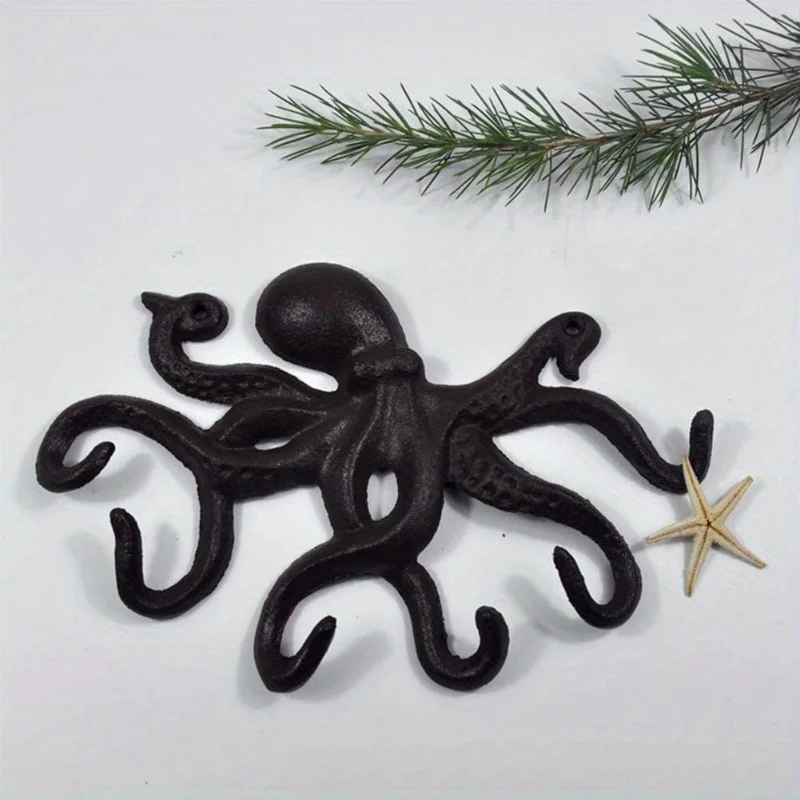 Octopus Key Holder for Wall Cast Iron Hooks Decorative Rustic Towel Wall Mounted Heavy Duty Coat with 6 Tentacles for Keys