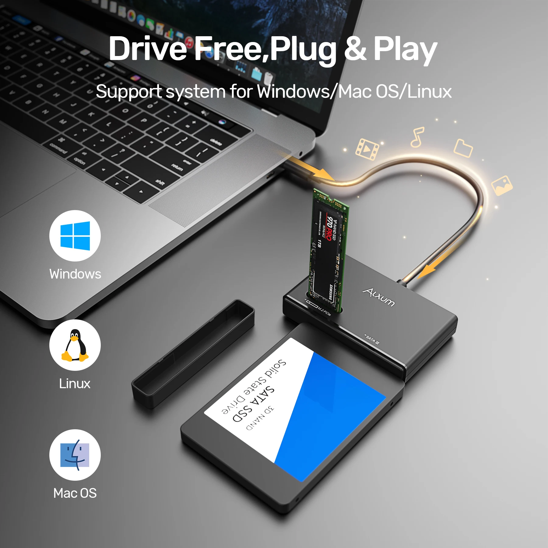 USB-C 10Gbps Dual SSD Adapter M.2 NVMe SATA 2.5inch 3.5” HDD Dock UASP/TRIM Support Tool-Free Plug & Play for Windows Mac Linux