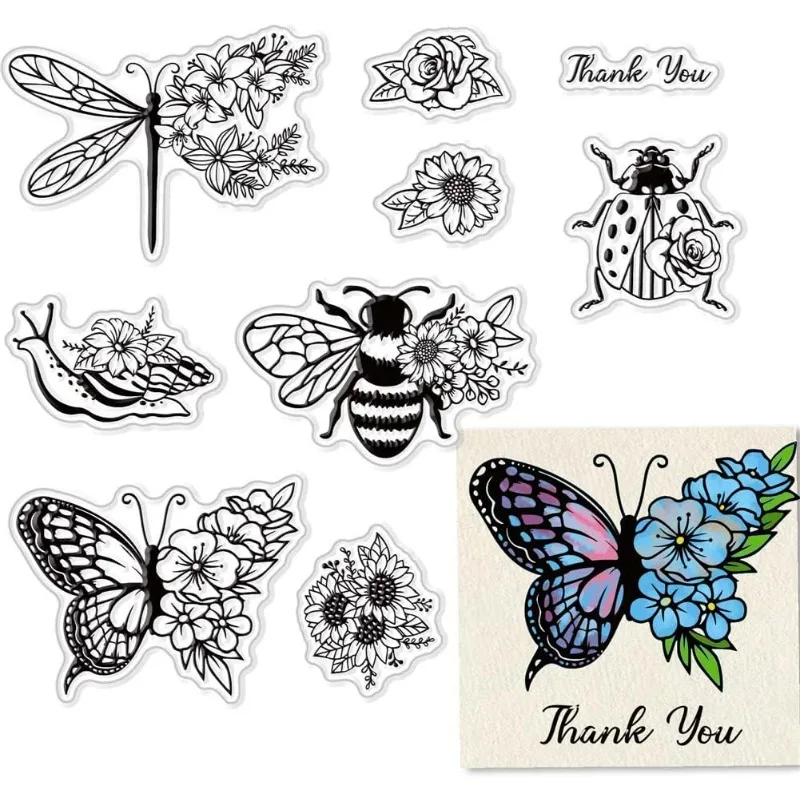 Butterfly Clear Stamps for Card Making Decoration Scrapbooking Supplies, Bee Clear Stamps Animals Snail Ladybug Transparent